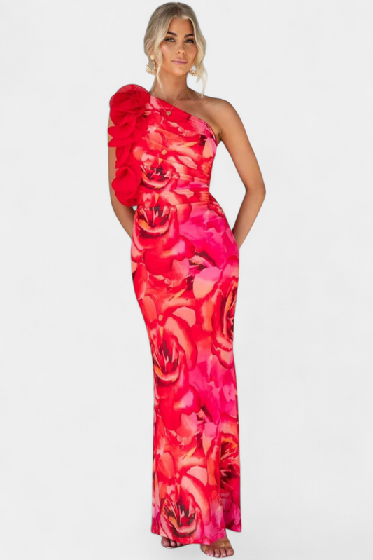 Maëlle One-Shoulder Floral Detail Midi Dress