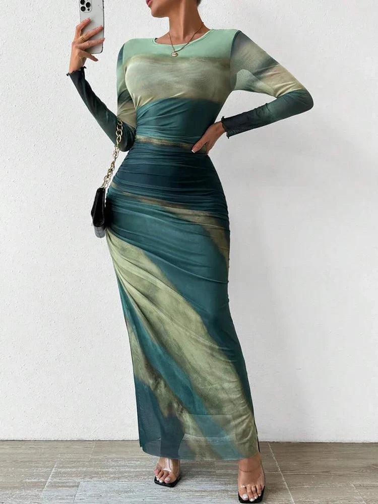 Anna - Coctail Print Fitted Maxi Dress
