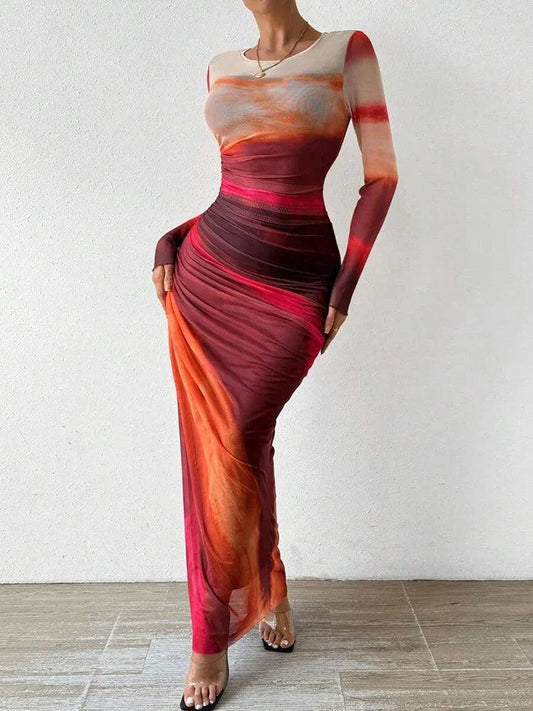 Anna - Coctail Print Fitted Maxi Dress