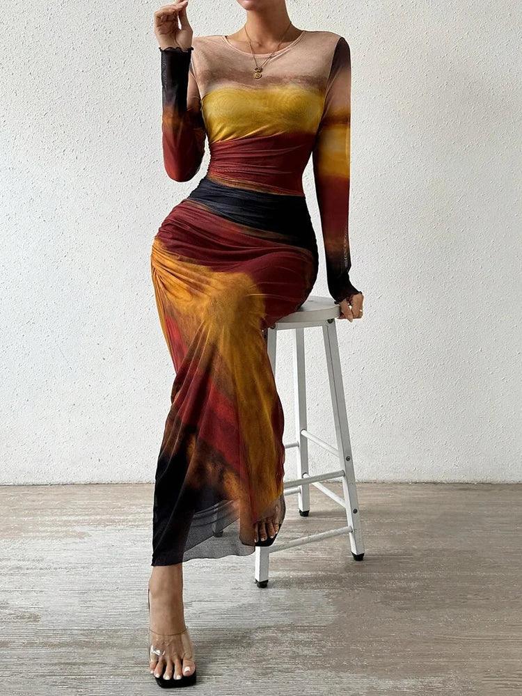 Anna - Coctail Print Fitted Maxi Dress