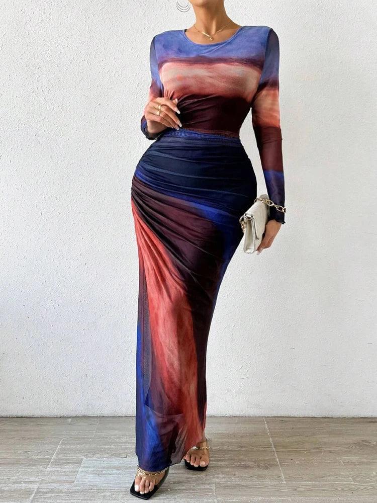 Anna - Coctail Print Fitted Maxi Dress