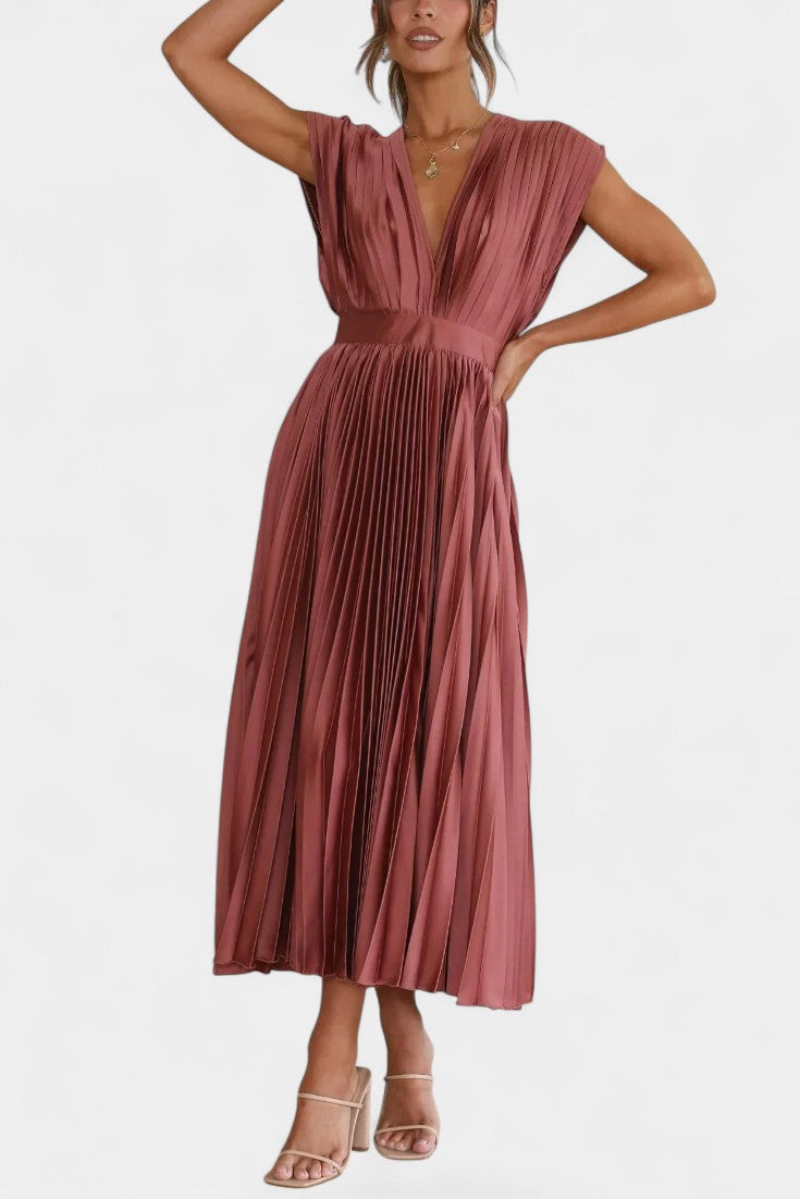Audrey Pleated V-Neck Midi Dress