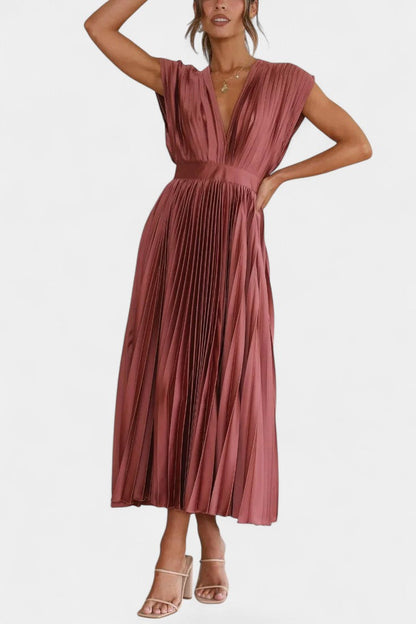 Audrey Pleated V-Neck Midi Dress