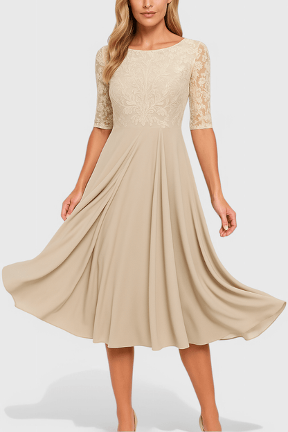 Abby | Embroidered Illusion Neckline Midi Dress - Lora Toronto