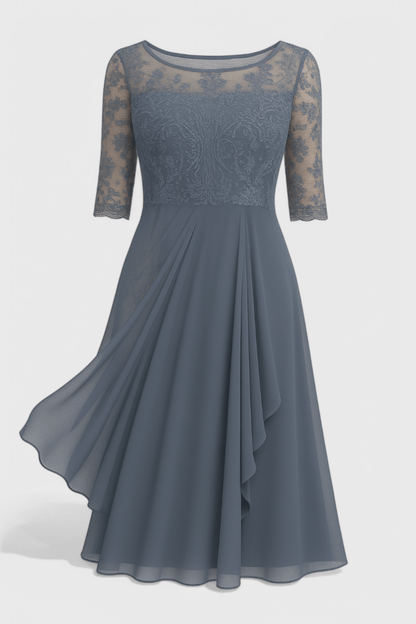 Abby | Embroidered Illusion Neckline Midi Dress - Lora Toronto