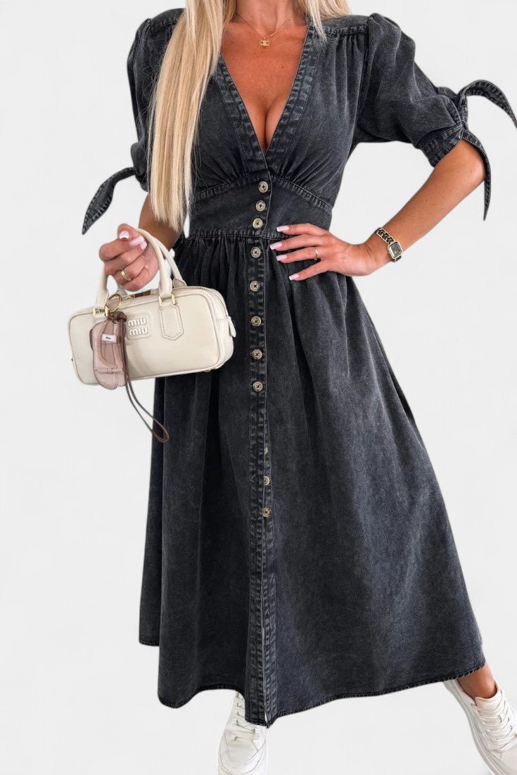 Adelina | V - Neck Button Midi Dress - Lora Toronto
