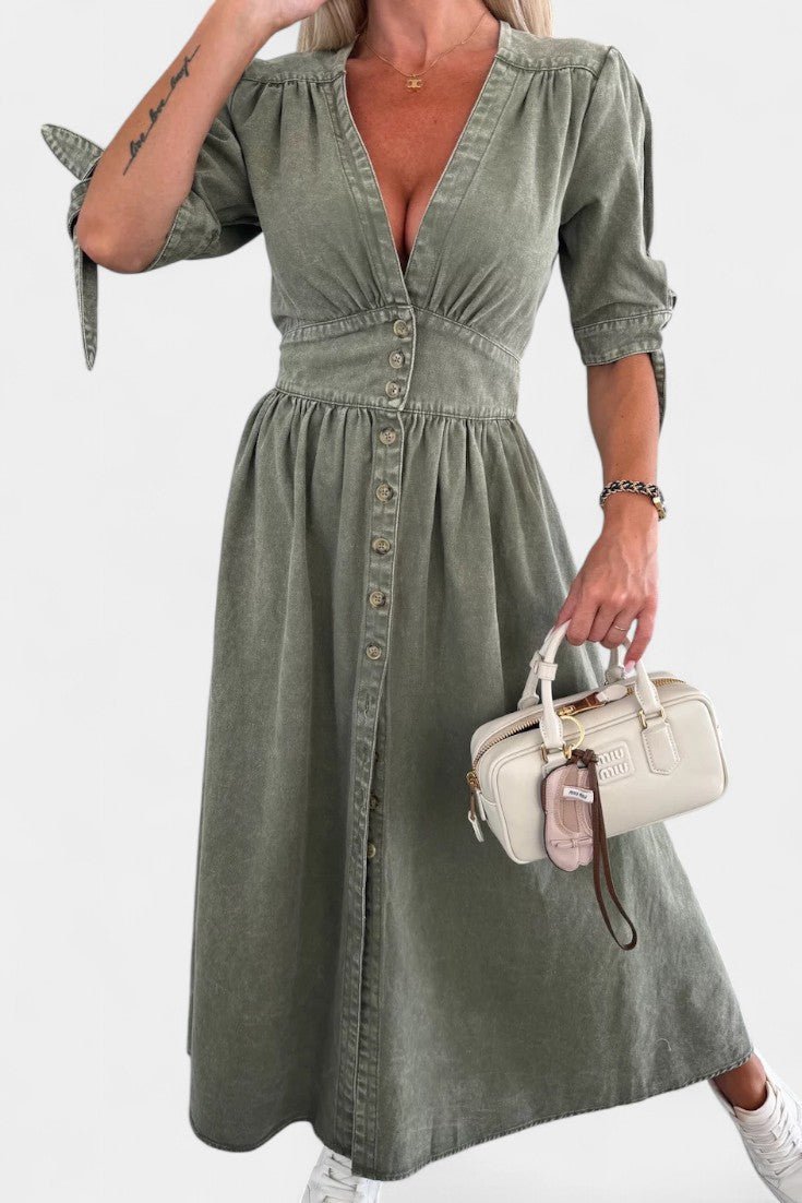 Adelina | V - Neck Button Midi Dress - Lora Toronto