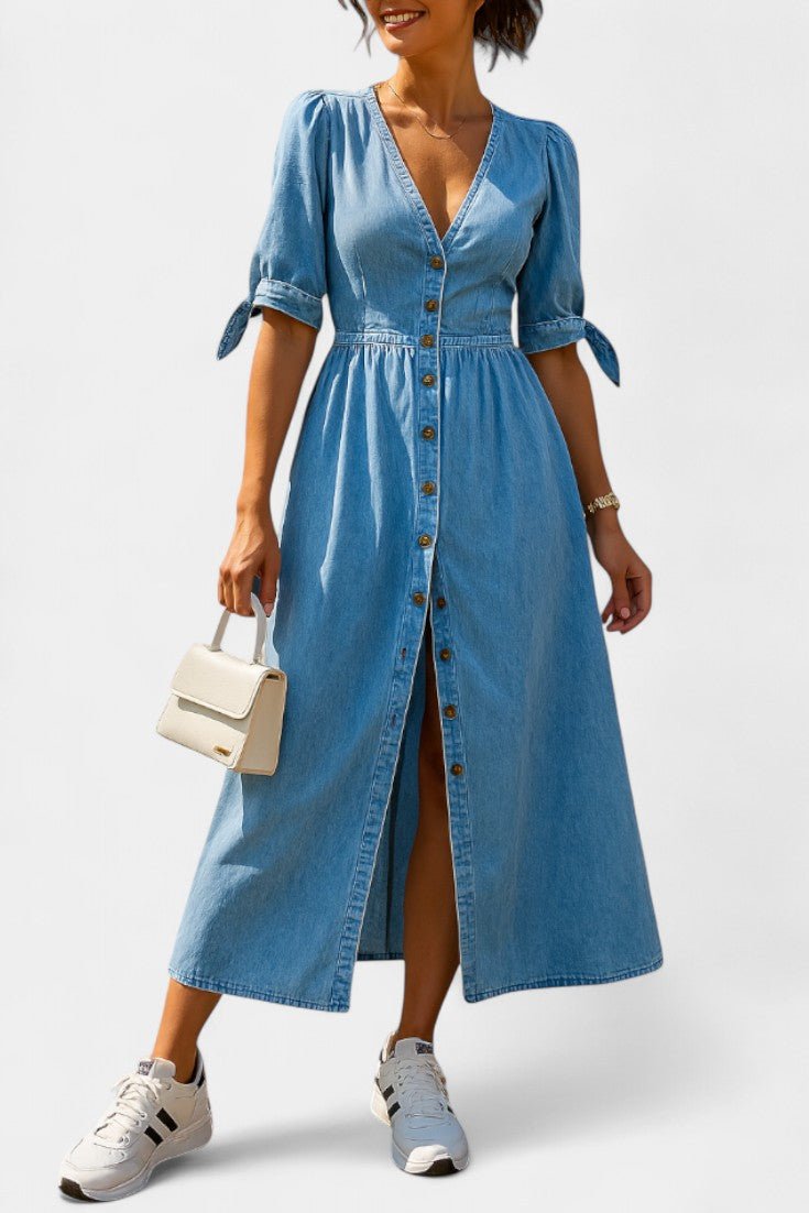 Adelina | V - Neck Button Midi Dress - Lora Toronto