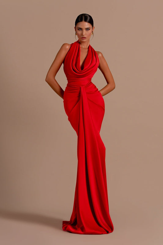 Carmella | Satin Halter Neck Backless Maxi Dress - Lora Toronto