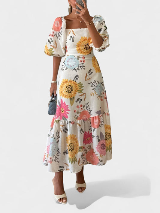 Clara | Square Neck Puff Sleeve Ruffled Dress - Lora Toronto