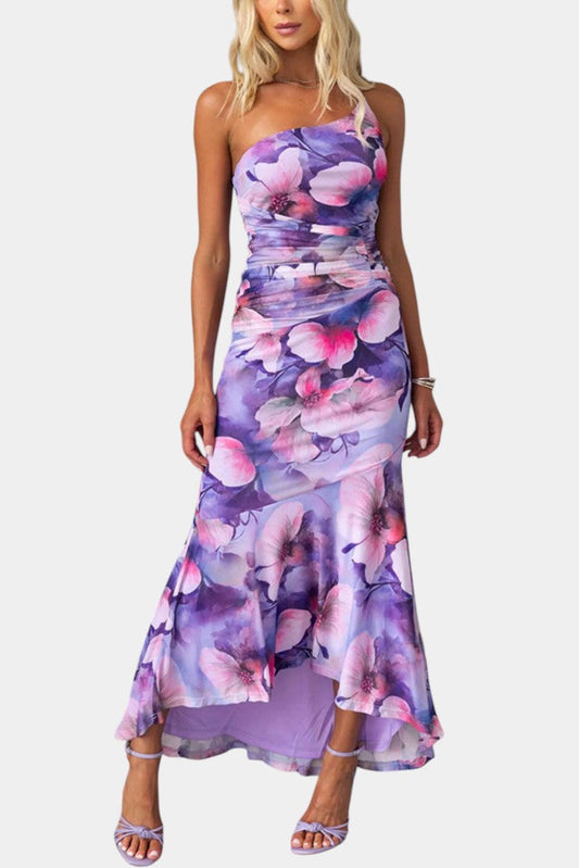 Solene One-Shoulder Floral Ruched Midi Dress
