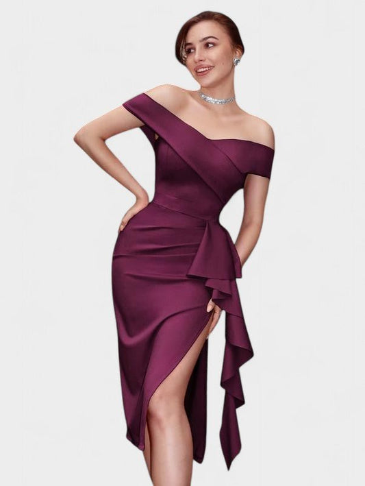 Elara | Draped Off - the - Shoulder Satin Midi Dress - Lora Toronto