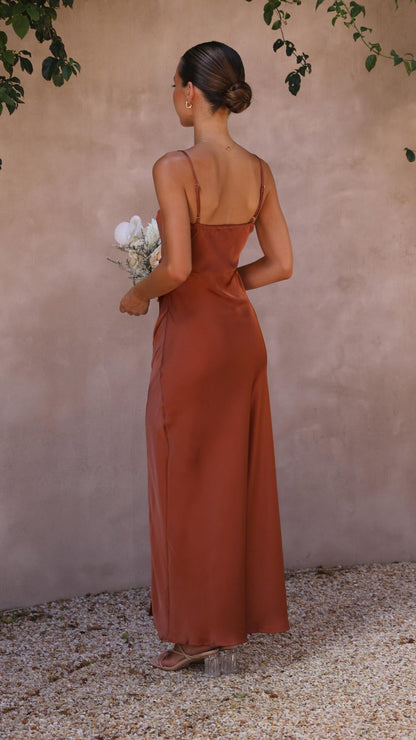 Elena | Pleated Waist Satin Maxi Dress - Lora Toronto