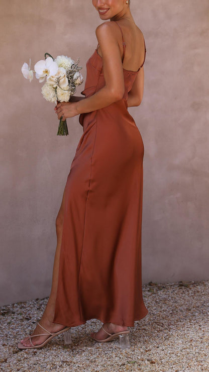 Elena | Pleated Waist Satin Maxi Dress - Lora Toronto