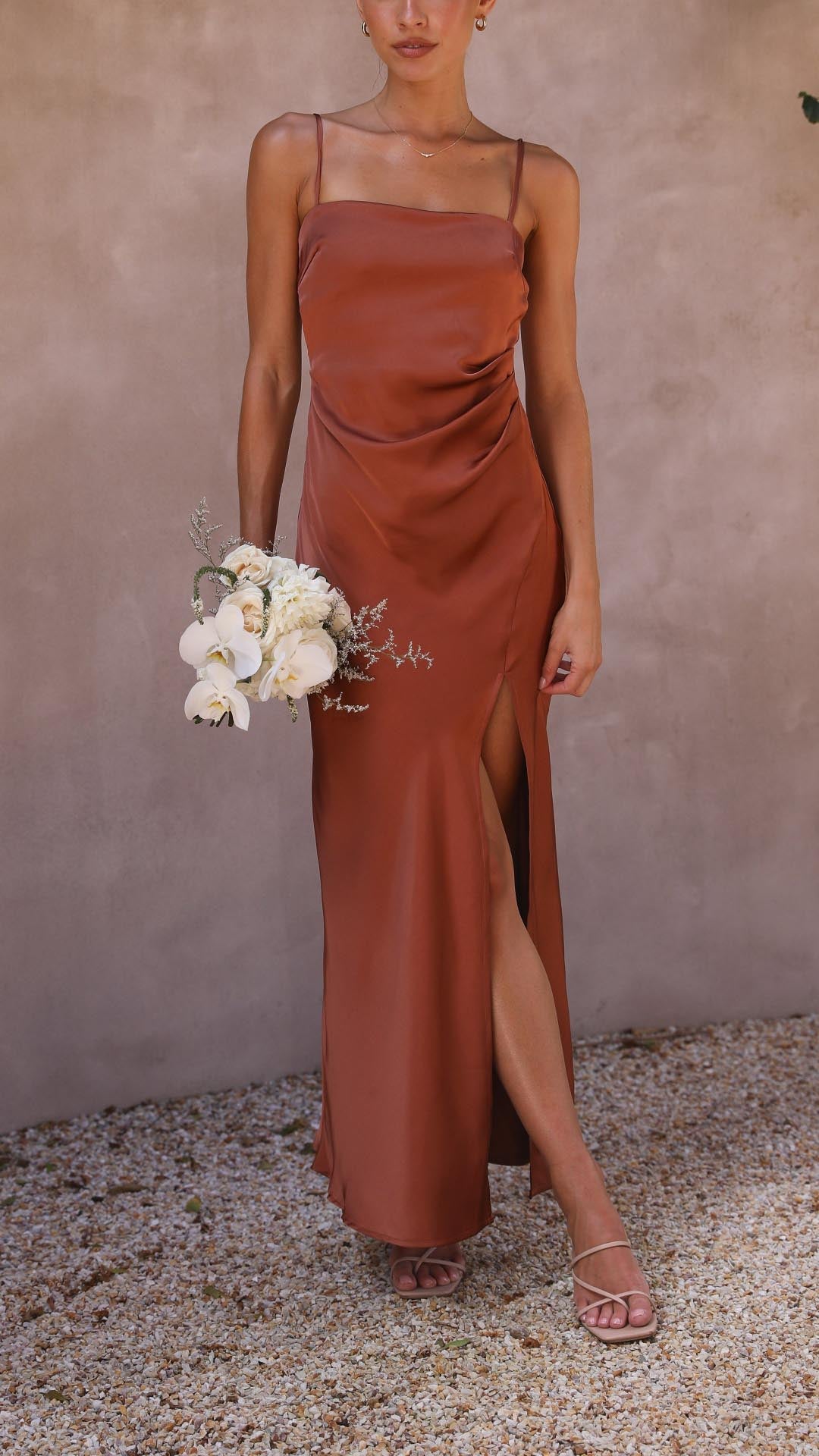 Elena | Pleated Waist Satin Maxi Dress - Lora Toronto