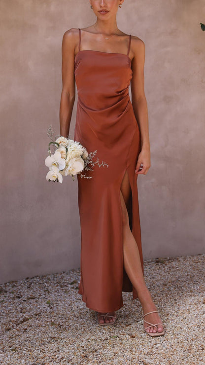 Elena | Pleated Waist Satin Maxi Dress - Lora Toronto