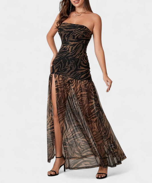 Elena | Strapless Mesh Patchwork Midi Dress - Lora Toronto