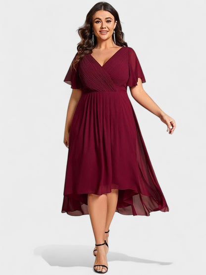 Elena | V - Neck High - Low Chiffon Midi Dress - Lora Toronto