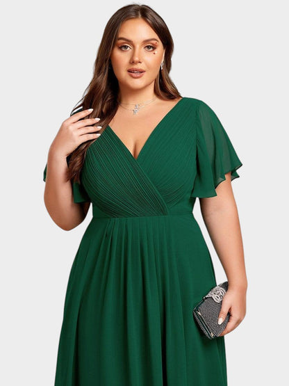 Elena | V - Neck High - Low Chiffon Midi Dress - Lora Toronto