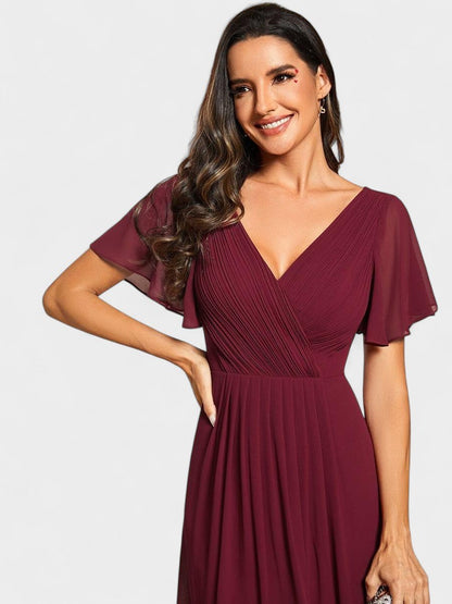 Elena | V - Neck High - Low Chiffon Midi Dress - Lora Toronto