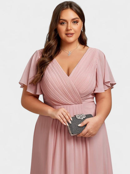 Elena | V - Neck High - Low Chiffon Midi Dress - Lora Toronto