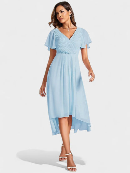 Elena | V - Neck High - Low Chiffon Midi Dress - Lora Toronto