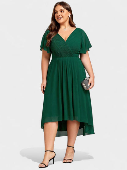 Elena | V - Neck High - Low Chiffon Midi Dress - Lora Toronto