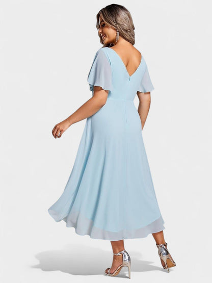 Elena | V - Neck High - Low Chiffon Midi Dress - Lora Toronto