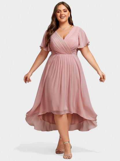 Elena | V - Neck High - Low Chiffon Midi Dress - Lora Toronto