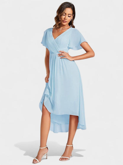 Elena | V - Neck High - Low Chiffon Midi Dress - Lora Toronto