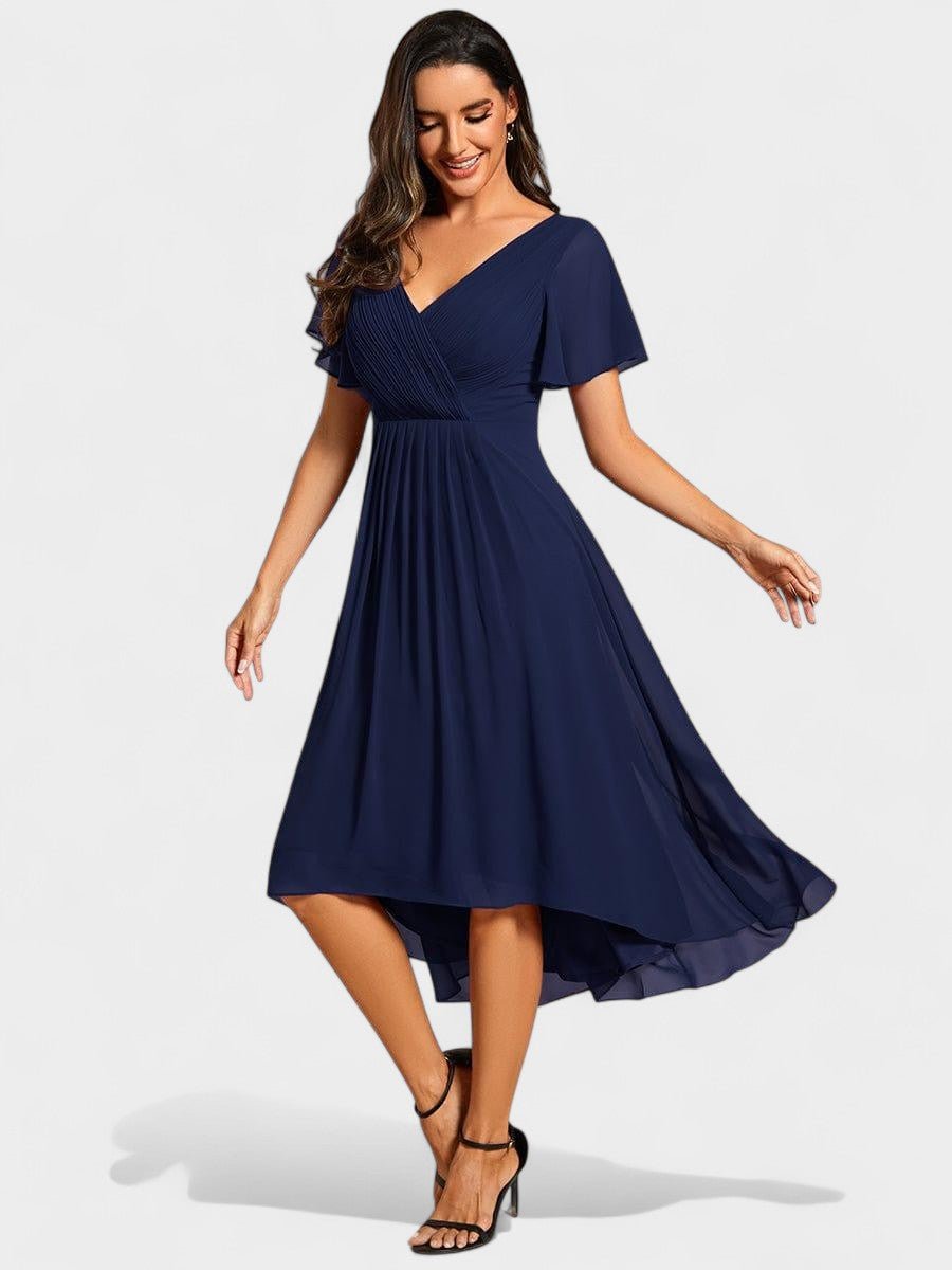 Elena | V - Neck High - Low Chiffon Midi Dress - Lora Toronto