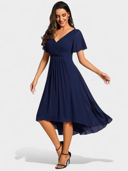 Elena | V - Neck High - Low Chiffon Midi Dress - Lora Toronto