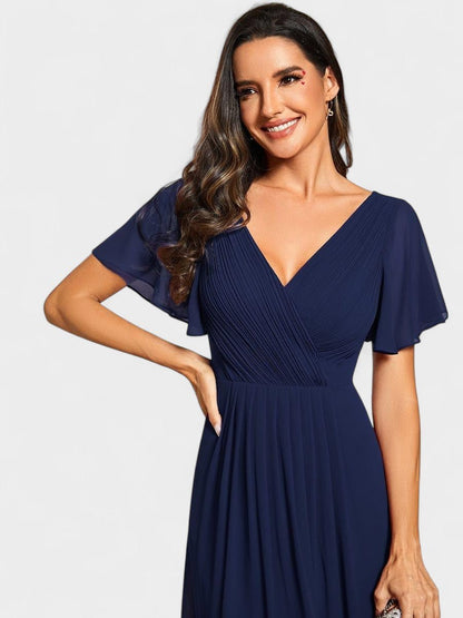 Elena | V - Neck High - Low Chiffon Midi Dress - Lora Toronto