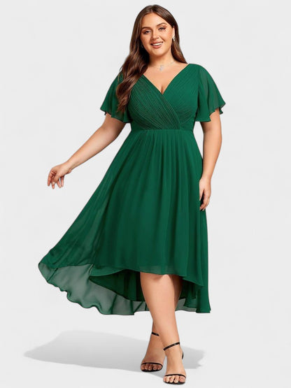 Elena | V - Neck High - Low Chiffon Midi Dress - Lora Toronto