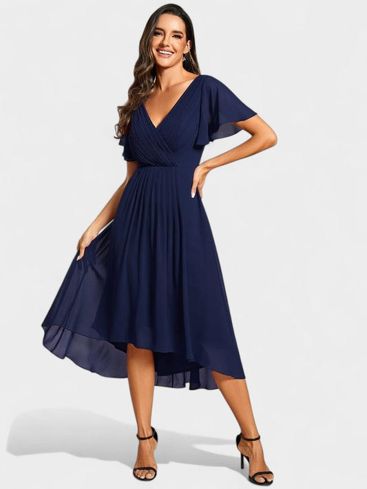 Elena | V - Neck High - Low Chiffon Midi Dress - Lora Toronto