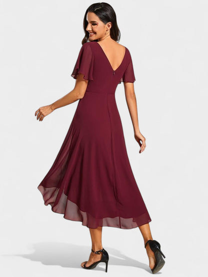 Elena | V - Neck High - Low Chiffon Midi Dress - Lora Toronto