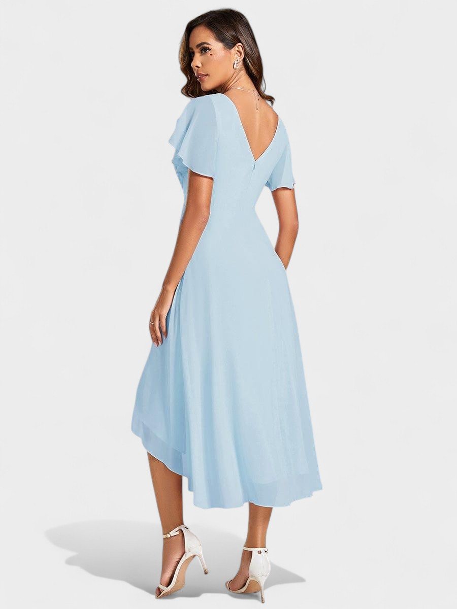 Elena | V - Neck High - Low Chiffon Midi Dress - Lora Toronto
