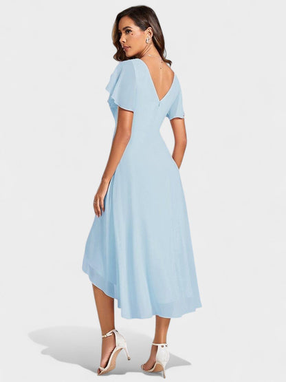 Elena | V - Neck High - Low Chiffon Midi Dress - Lora Toronto