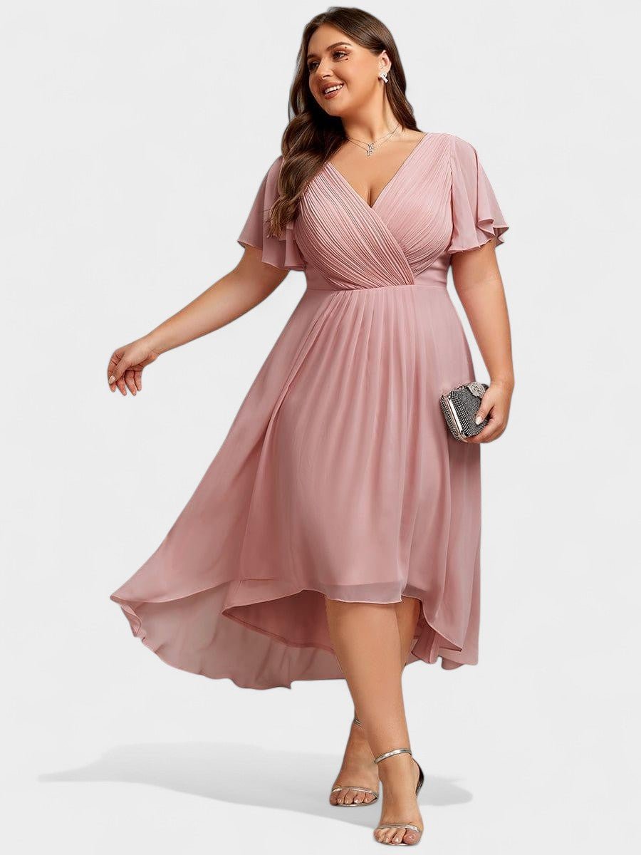 Elena | V - Neck High - Low Chiffon Midi Dress - Lora Toronto