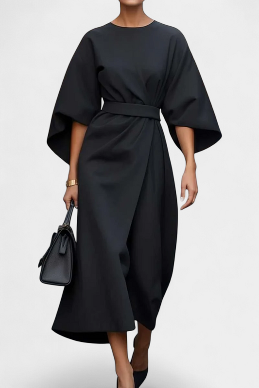 Micaela Belted Lantern Sleeve Midi Dress