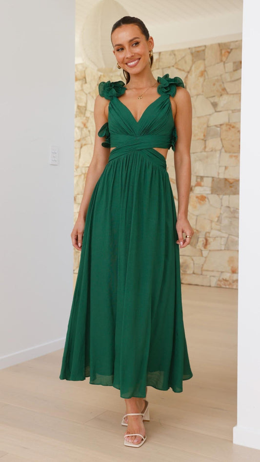 Isla | Ruffle Strap V - Neck Maxi Dress - Lora Toronto
