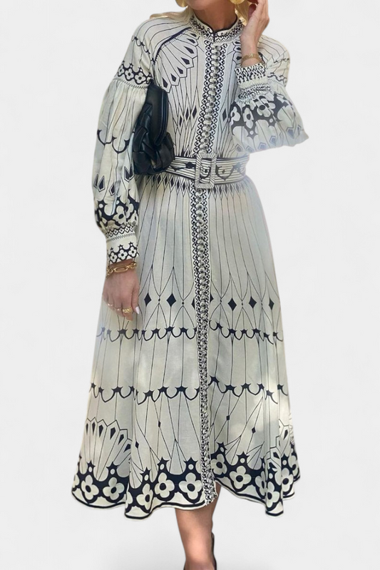 Soria Embroidered Folk Print Button Maxi Dress