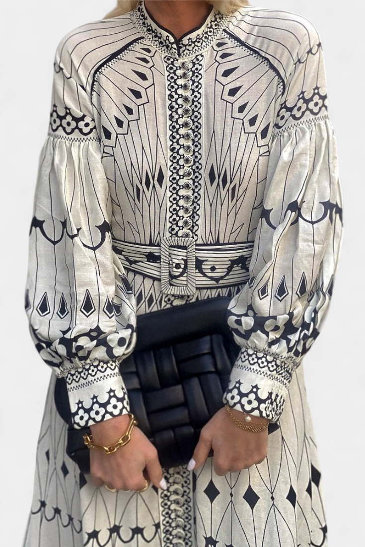 Soria Embroidered Folk Print Button Maxi Dress