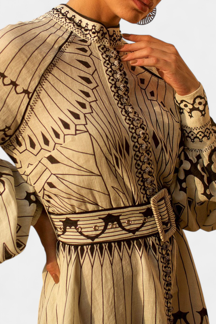 Soria Embroidered Folk Print Button Maxi Dress