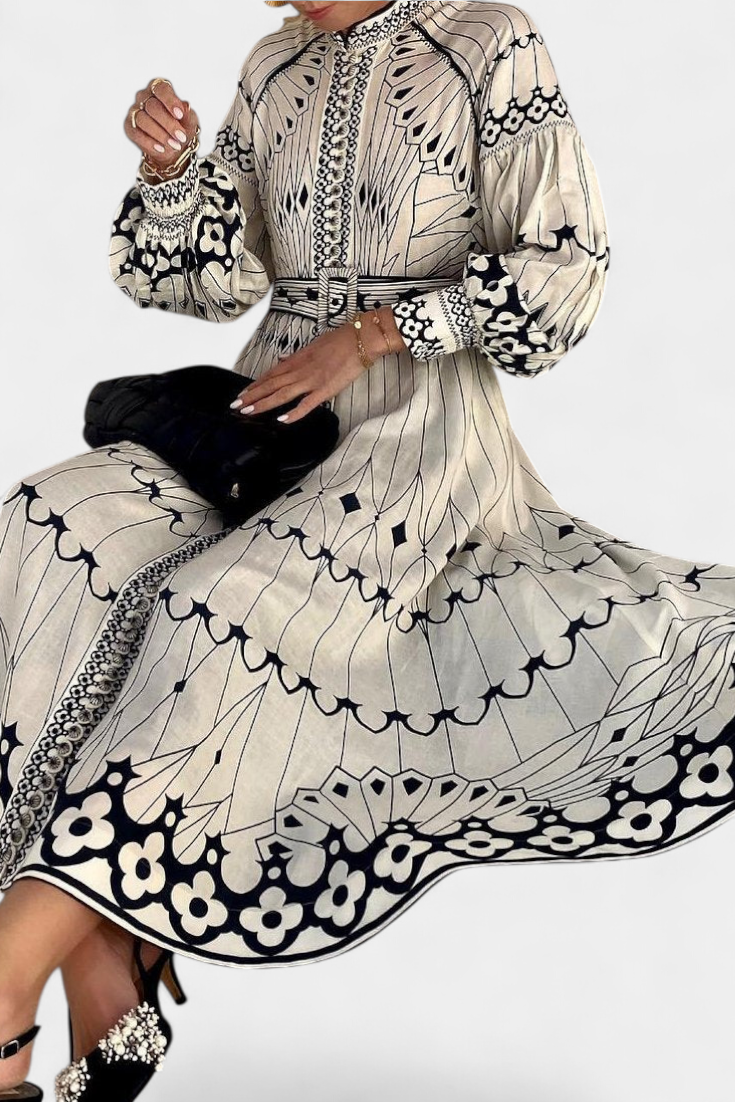 Soria Embroidered Folk Print Button Maxi Dress