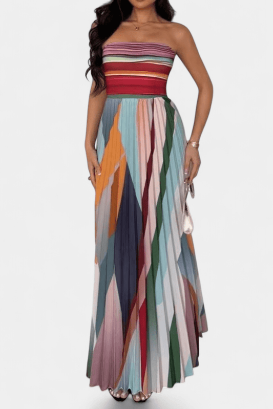 Leticia | Off - Shoulder Pleated Multicolour Maxi Dress - Lora Toronto