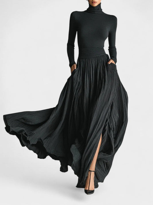 Mary | All Black Turtleneck & Pleated Skirt Set - Lora Toronto