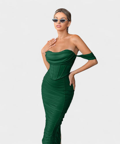 Sofia | Off - Shoulder Ruched Bodycon Midi Dress - Lora Toronto