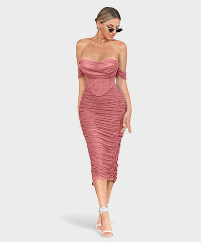 Sofia | Off - Shoulder Ruched Bodycon Midi Dress - Lora Toronto
