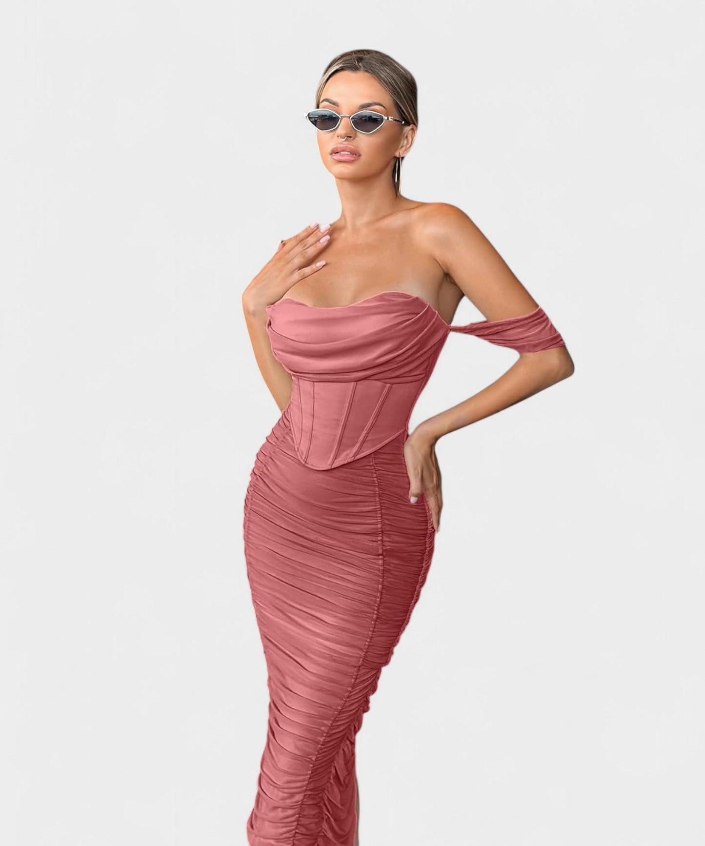 Sofia | Off - Shoulder Ruched Bodycon Midi Dress - Lora Toronto
